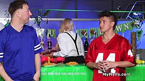 sexy blonde bartender gets freeused and shared by horny guys in hardcore threesome game