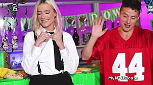 sexy blonde bartender gets freeused and shared by horny guys in hardcore threesome game