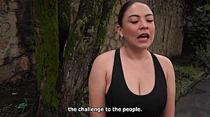 colombian busty babe shocked by street proposal from muscular brunette