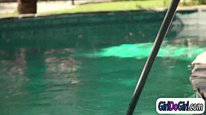 blonde wife sneaks hot poolgirl facesit lick her shaved pussy