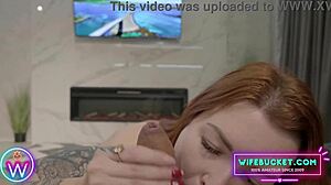 pale redhead milf kneels homemade sucking cock till cumshot