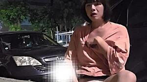 ting xuan pees outdoors then cums on her sexy shemale legs