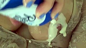 Virgin 18yo Coats Huge Boobs in Whipped Cream Masturbates Nipples