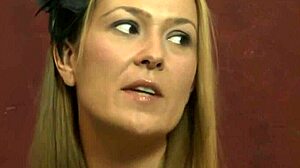 Lesbian milf straps toy on busty bff for intense pussy pounding and kissing