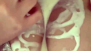 Virgin 18yo Coats Huge Boobs in Whipped Cream Masturbates Nipples