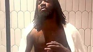 busty babe oils slick tits and ass in shower