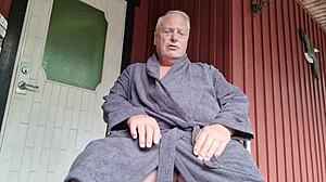 chris the old man gets shaved outdoors