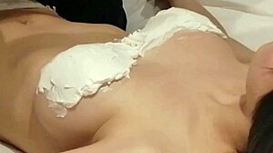 homemade vid cream decorated bra on my busty japanese girlfriend's big tits