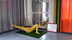 regina noir stretches in yellow tights panty-free yoga gym workout tease