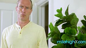 Horny old man fucks petite babysitter while fans watch her perky tits