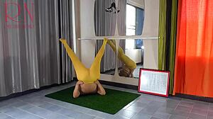 regina noir stretches in yellow tights panty-free yoga gym workout tease