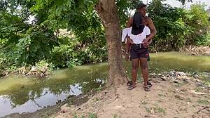 Chubby girlfriend screams during huge ass worship in forest outdoor fuck