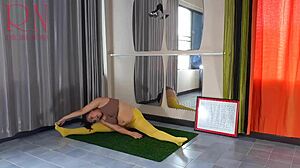regina noir stretches in yellow tights panty-free yoga gym workout tease