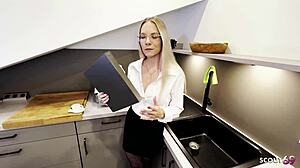 german teen blonde in glasses tempts quick anal creampie in kitchen pov