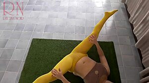 regina noir stretches in yellow tights panty-free yoga gym workout tease