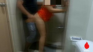 boyfriend gone i fuck friend in bathroom for cum bukkake bath!