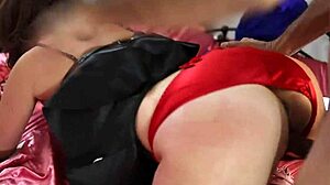 french amateur in black leather skirt red satin panties heels takes face fuck ass to mouth
