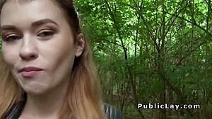 sexy british blonde couple flashes then fucks deep in forest pov