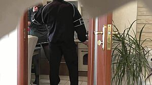 Wife's kitchen neighbor doggy bed pussy fuck cumshot orgasm stockings natural tits