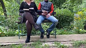 Curvy Stepmom Jerks Stepson's Cock in Park While Reading Book