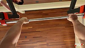 you love my face sitting on you? fitness brunette deepthroats then fucks passionately till cum in mouth gym workout