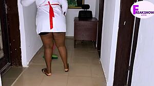 Ebony Maid's Big Ass Bounces on Boss Stepson's Huge Cock Doggystyle