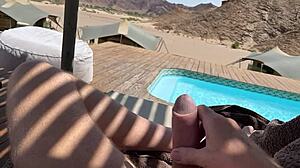 mature babe flashes big cock for messy outdoor cumshot explosion