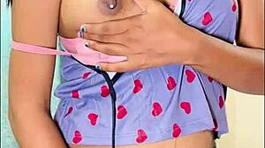 Indian housewife bride milks boobs into glass while dildo fucks shaved pussy