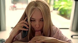 Sucked his cock deep while chatting stepmom on phone squirting moan fest