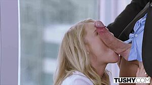 Tiny blonde takes anal creampie gaping ass to mouth