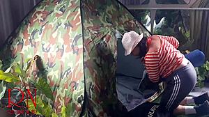 Stranger bends nudist lady over fucks pussy deep in nature camp