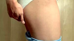 uniform girl blushes in gym shorts during naughty anal play