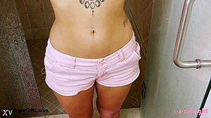 did this brunette bombshell shower just to tease daddy on the sofa?