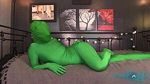full body green zentai hood hides kinky housewife fetish
