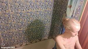 Short guy worships tall skinny mature ass pussy bathroom homemade fuck