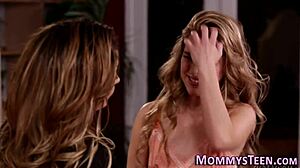 Curvy stepmom dives into first time lesbian oral with teen