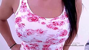 Stunning model teases producer daddy into sofa seduction swallow cum fest