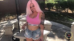 Curvy pink-haired Barbi rides Rome Major till he cums on her