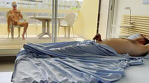 Naked wife spies nudists as husband wakes horny