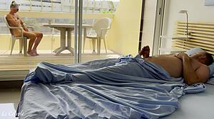 Naked wife spies nudists as husband wakes horny