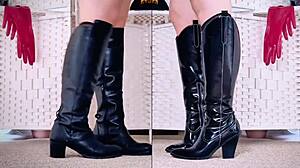 redhead british babe parades her epic fetish collection of boots heels leather stockings and rubber shoes in shop