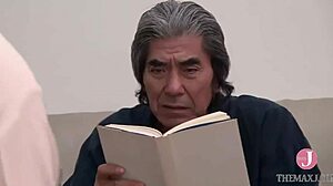 Japanese housewife's big tits bounce as old man roughly fucks her hips