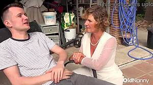 oldnanny granny in bra seduces horny guy for outdoor garage blowjob and pussy licking action