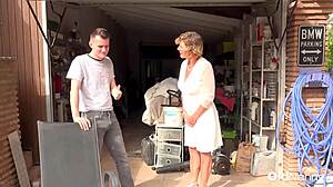oldnanny granny in bra seduces horny guy for outdoor garage blowjob and pussy licking action