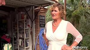 oldnanny granny in bra seduces horny guy for outdoor garage blowjob and pussy licking action