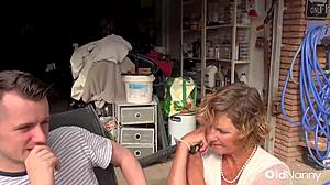 oldnanny granny in bra seduces horny guy for outdoor garage blowjob and pussy licking action