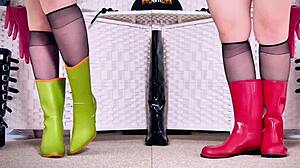 redhead british babe parades her epic fetish collection of boots heels leather stockings and rubber shoes in shop