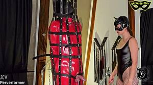 bound euro slave punished in hotel cage with monster cock bdsm domination heels and boots
