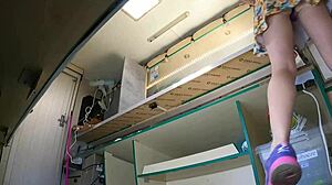 Naughty boss upskirts silly girl's miniskirt panties at work pov