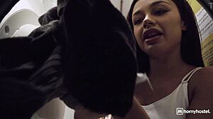squirting brunette fucks dorm close to janitor cum catch part 1
